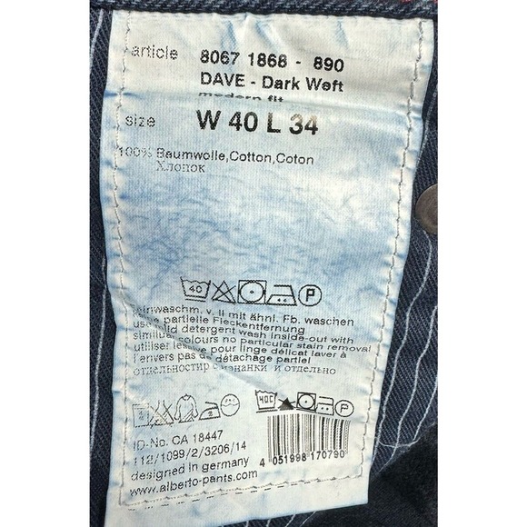Alberto Men’s Dave Dark Weft Modern Fit Straight Leg Jeans - Size 40x34 - Picture 7 of 7